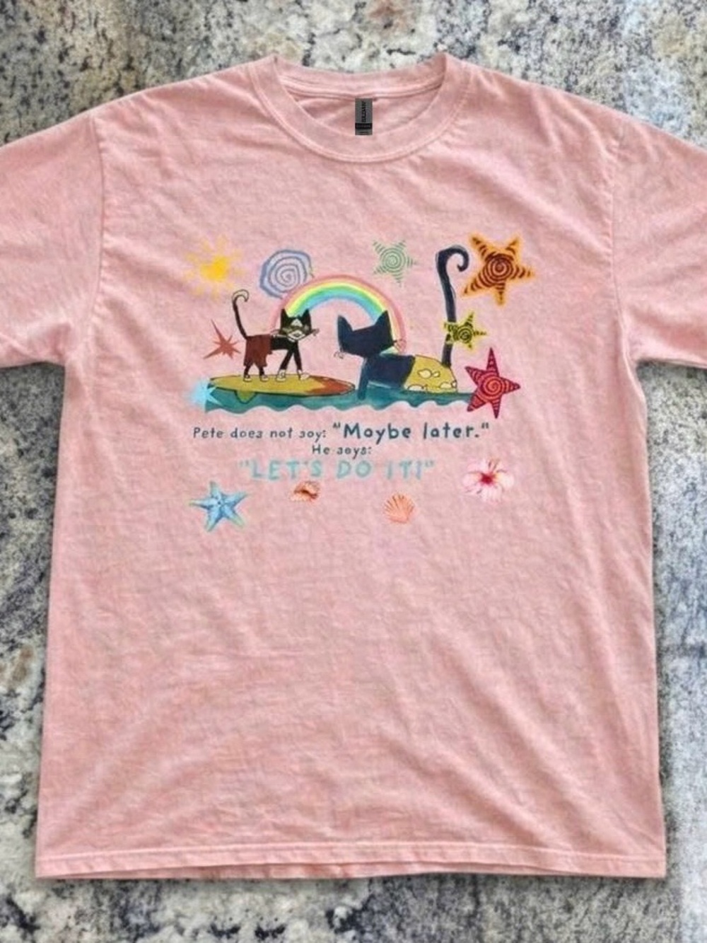 Gildan Pink Pete The Cat Graphic Tee with Rainbow & Stars